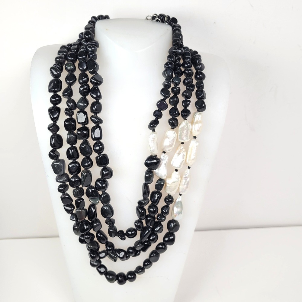 CGI Sterling Silver Necklace 925 Black‎ Bead Freshwater Baroque Pearls Layered
